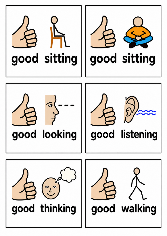 Symbols showing Good sitting, Good looking, Good listening, Good thinking and Good walking