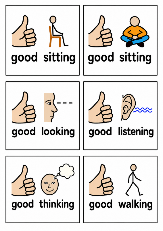 Symbols showing Good sitting, Good looking, Good listening, Good thinking and Good walking