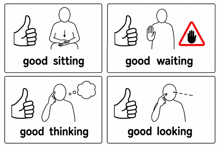 Images showing Good sitting, Good waiting, Good thinking and Good looking