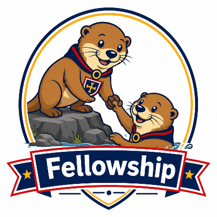 A cartoon picture of one Otter showing fellowship by helping another Otter up onto a rock