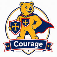 A cartoon image of a yellow bear wearing a cape and looking brave