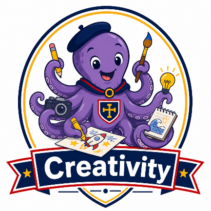 A cartoon image of an Octopus being creative, holding paintbrushes, pencils and cameras with it's tentacles