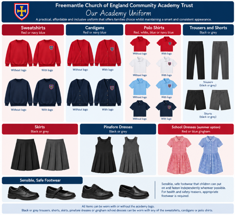Pictures showing correct unifrom. Showcasing red or navy blue sweatshirts, cardigans and polo shirts. As well as black or grey shorts, dresses, skirts or trousers. It also shows sensible black footwear to be worn